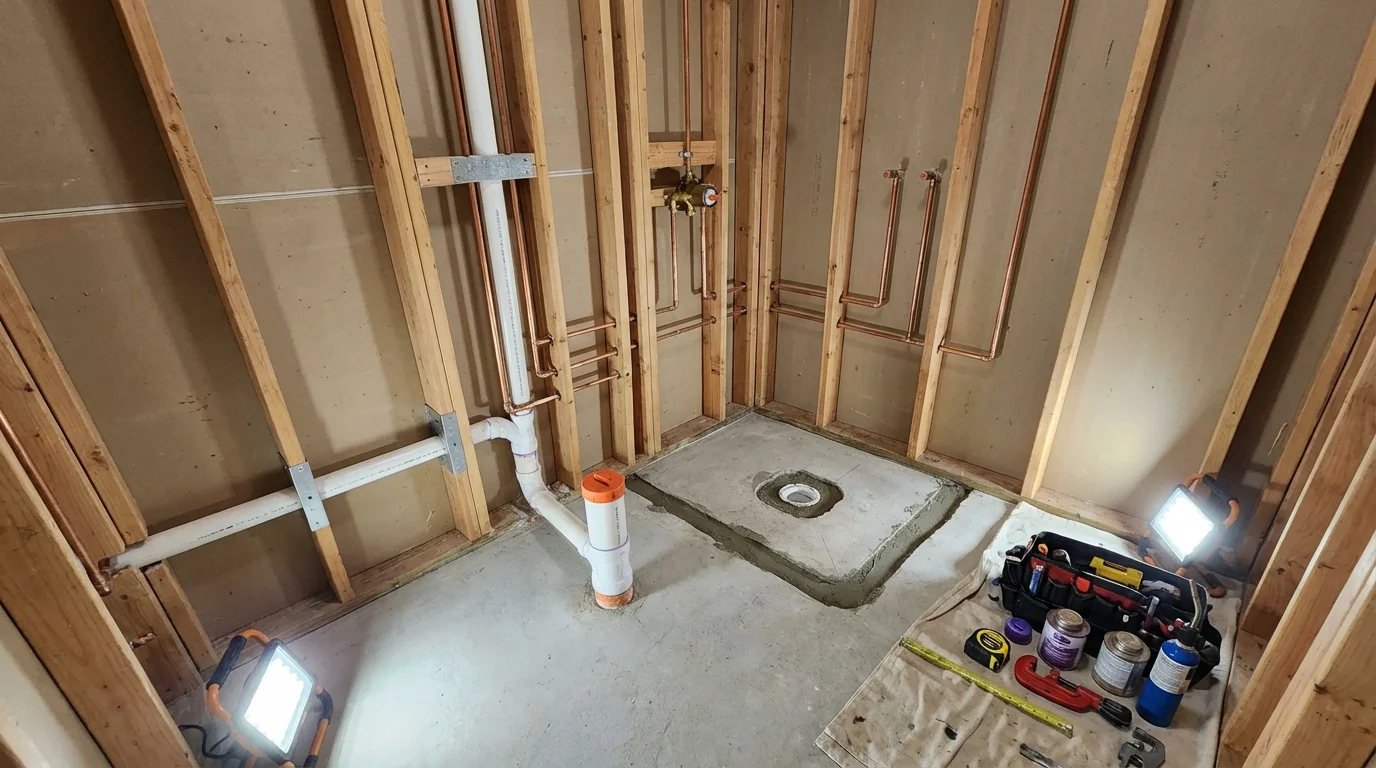Bathroom rough-in plumbing during remodel by Johns Plumbing LLC in Castaic