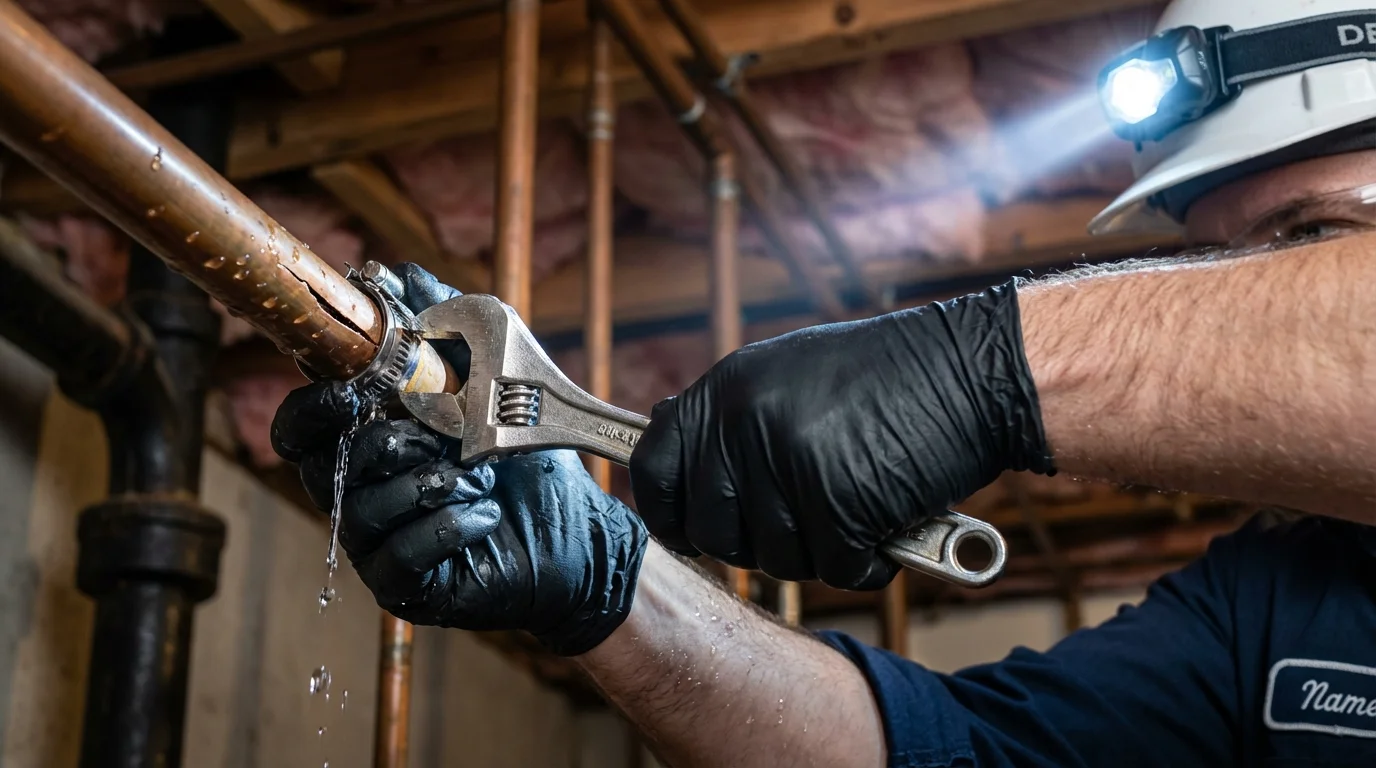 Emergency pipe clamp repair being performed by a Johns Plumbing LLC plumber in Castaic