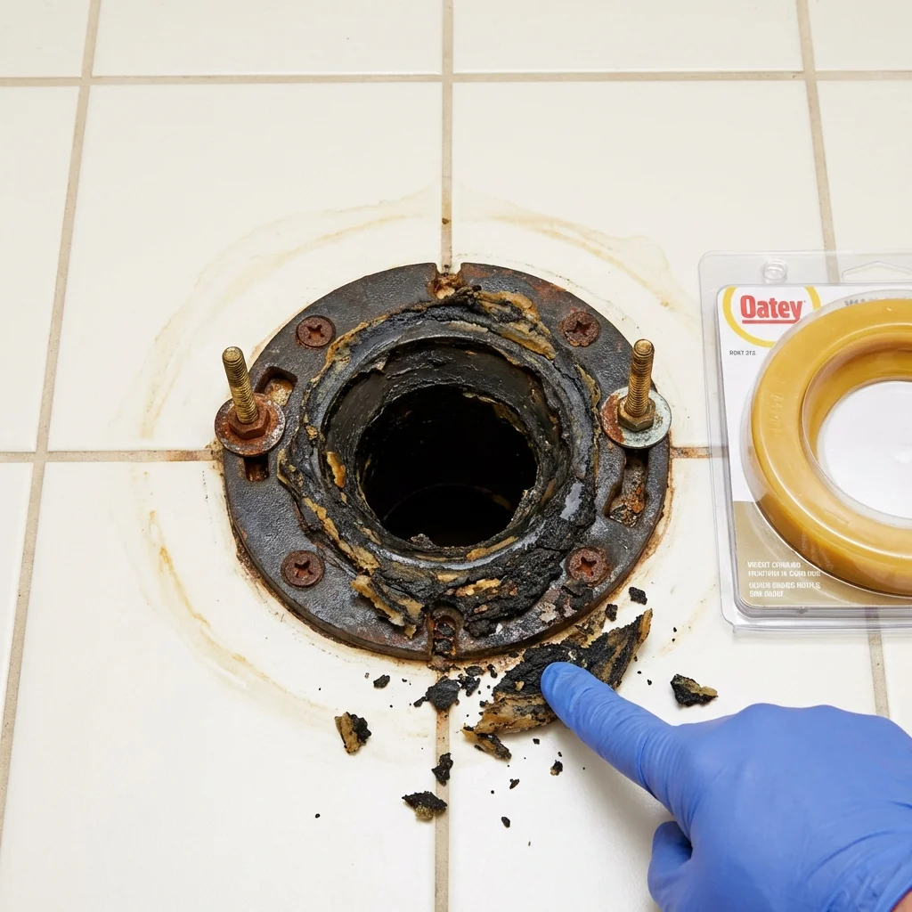 Failed wax ring showing water seepage at the base of a toilet in a Castaic, CA home